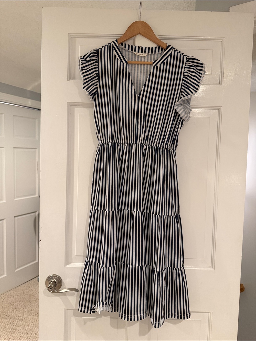 Black & White Striped V-Neck Tiered Midi Dress
